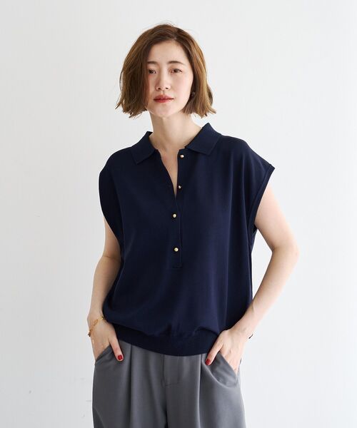 YECCA VECCA（イェッカヴェッカ）の「2wayレイヤード風ノースリーブポロニット（ニット/セーター・レディース・ネイビー/ブラウン・FREE）」の16枚目の写真