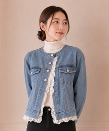 レーストリム ノーカラーデニムジャケット