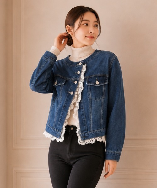 center i(センターアイ)の「レーストリム ノーカラーデニムジャケット(デニムジャケット・レディース・ブルー/サックスブルー・FREE)」の1枚目の写真