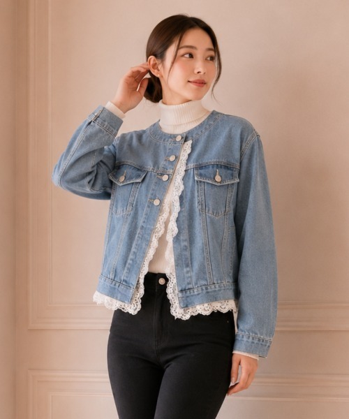 center i(センターアイ)の「レーストリム ノーカラーデニムジャケット(デニムジャケット・レディース・ブルー/サックスブルー・FREE)」の8枚目の写真