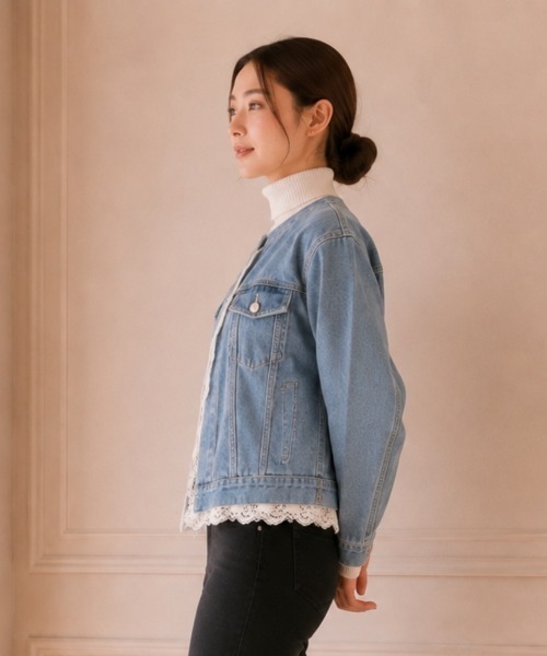 center i(センターアイ)の「レーストリム ノーカラーデニムジャケット(デニムジャケット・レディース・ブルー/サックスブルー・FREE)」の3枚目の写真