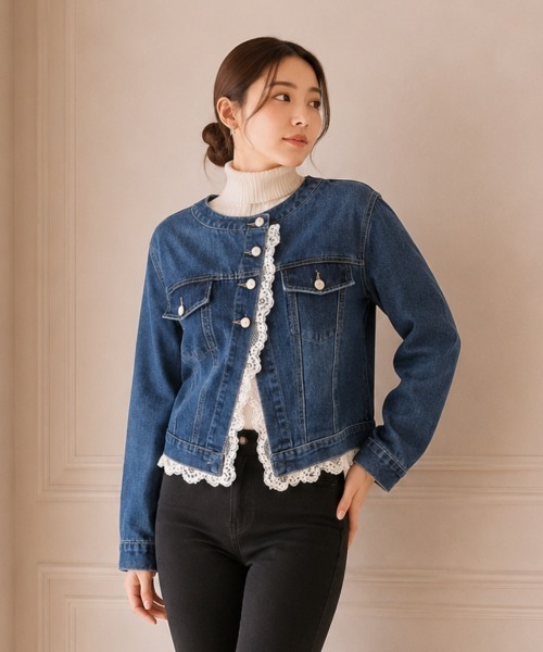 center i(センターアイ)の「レーストリム ノーカラーデニムジャケット(デニムジャケット・レディース・ブルー/サックスブルー・FREE)」の5枚目の写真
