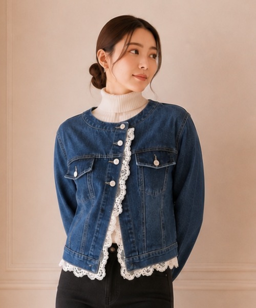 center i(センターアイ)の「レーストリム ノーカラーデニムジャケット(デニムジャケット・レディース・ブルー/サックスブルー・FREE)」の6枚目の写真
