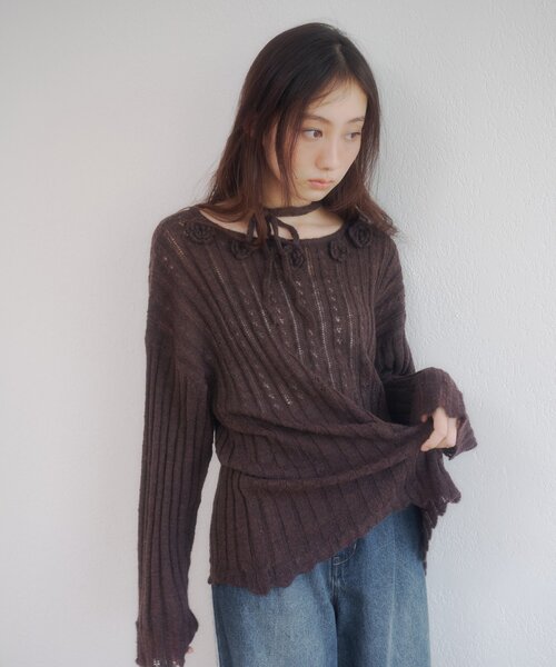 DISCOAT(ディスコート)の「【umm.】フラワーモチーフモヘアライクルーズニット(ニット/セーター・レディース・ブラウン/アイボリー/パープル・FREE)」の11枚目の写真