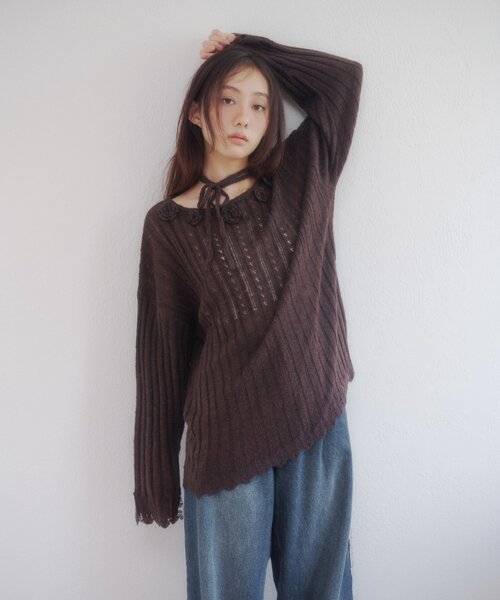 DISCOAT(ディスコート)の「【umm.】フラワーモチーフモヘアライクルーズニット(ニット/セーター・レディース・ブラウン/アイボリー/パープル・FREE)」の14枚目の写真