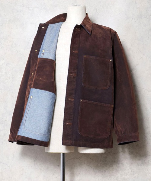 Revo.(レボ)の「HOUSTON ヒューストン FLOCKY DENIM COVERALL / フロッキーデニム カバーオール ジャケット(カバーオール・メンズ・ブラウン/オリーブ・M/XL/L)」の4枚目の写真