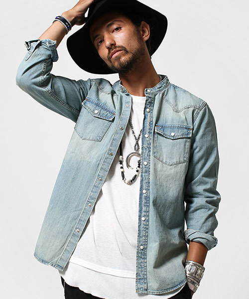 Nano Universe ナノユニバース の バンドカラーデニムシャツ シャツ ブラウス Wear