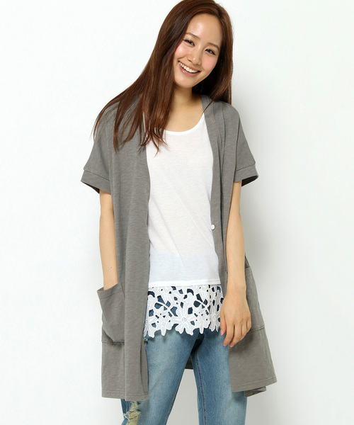 LBC(エルビーシー)の「om 21スラブ天竺Vネックカーディガン (カーディガン/ボレロ・レディース・ネイビー/オフホワイト/グレー・LARGE/MEDIUM)」の1枚目の写真