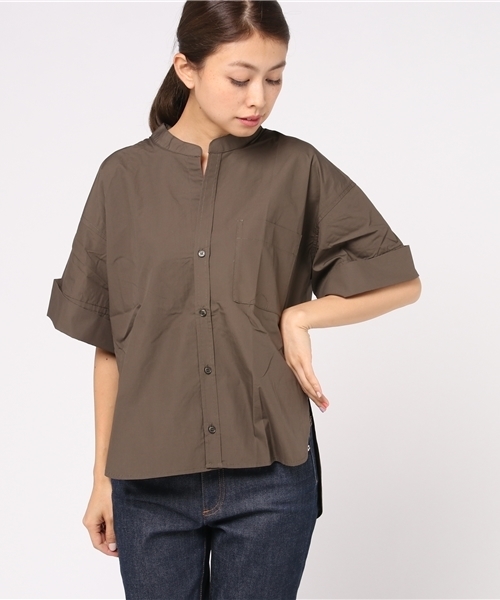 earth music&ecology（アースミュージックアンドエコロジー）の「・スタンドカラースキッパーシャツ（シャツ/ブラウス・レディース・カーキ/オフホワイト/ネイビー/ベージュ・FREE）」の3枚目の写真