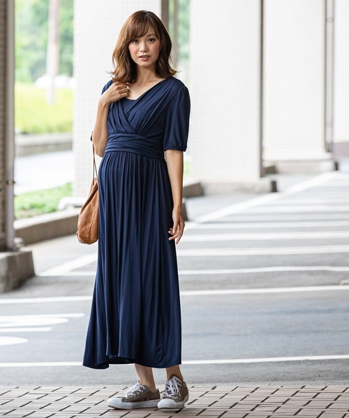 ママ ベビーカシュクール 半袖ロングワンピース マタニティウェア グッズ Sweetmommy 授乳服 マタニティ スウィートマミー のファッション