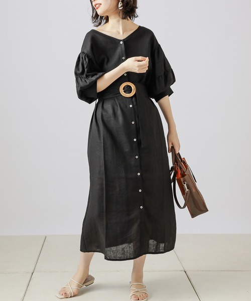 natural couture(ナチュラルクチュール)の「【WEB限定カラー有り】ラフィアバックル大人リネンワンピース(ワンピース・レディース・ブラック/ベージュ/オレンジ/アイボリー・FREE)」の3枚目の写真