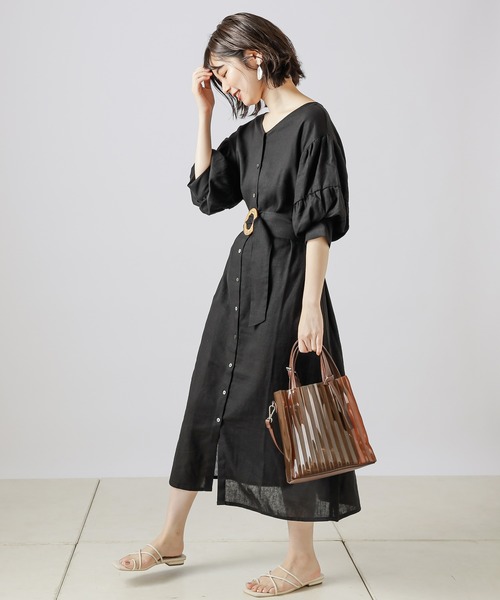 natural couture(ナチュラルクチュール)の「【WEB限定カラー有り】ラフィアバックル大人リネンワンピース(ワンピース・レディース・ブラック/ベージュ/オレンジ/アイボリー・FREE)」の15枚目の写真