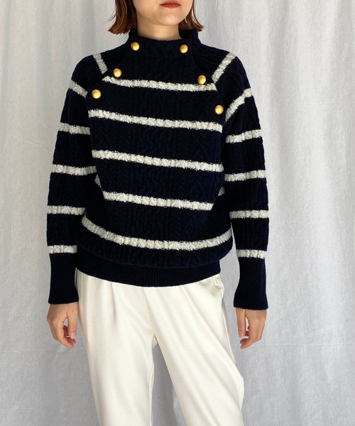 PICCIN（ピッチン）の「【日本製】アラン柄ボタン付きニット（ニット/セーター・レディース・ホワイト系その他/オフホワイト/ネイビー/ブルー系その他・M）」の8枚目の写真