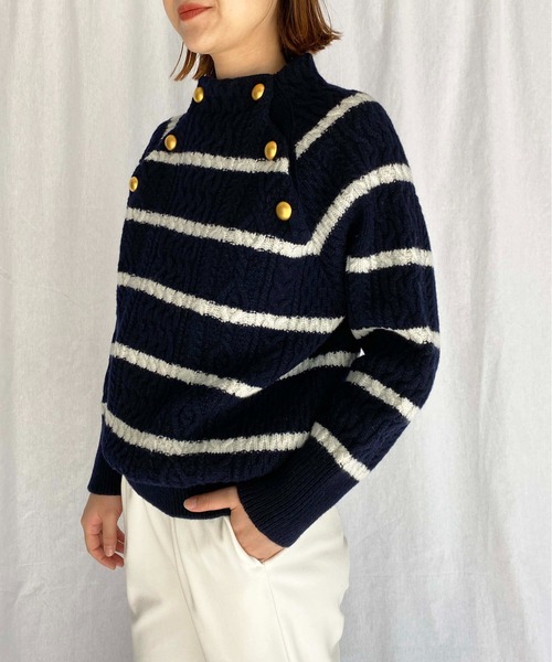 PICCIN（ピッチン）の「【日本製】アラン柄ボタン付きニット（ニット/セーター・レディース・ホワイト系その他/オフホワイト/ネイビー/ブルー系その他・M）」の9枚目の写真