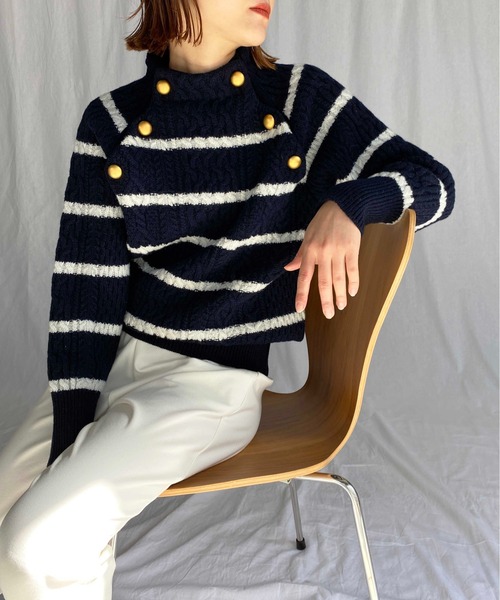 PICCIN（ピッチン）の「【日本製】アラン柄ボタン付きニット（ニット/セーター・レディース・ホワイト系その他/オフホワイト/ネイビー/ブルー系その他・M）」の11枚目の写真