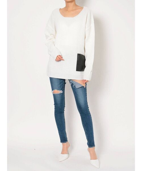 GYDA（ジェイダ）の「ECOレザーポケットニット TOPS（ニット/セーター・レディース・チャコールグレー/ベージュ/オフホワイト・FREE）」の11枚目の写真