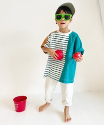 ARCH & LINE（アーチアンドライン）の「五分袖 オーバーサイズ パッチワーク ボーダーTシャツ PATCHWORK BORDER TEE ワイド型［80-145cm］（Tシャツ/カットソー・キッズ）」