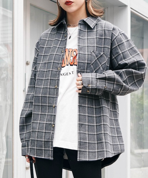BASQUE magenta（バスクマゼンタ）の「オーバーサイズ フリースボンディング チェック柄 L/S ヘビーネルシャツ（シャツ/ブラウス・メンズ・ブラック/ベージュ/ネイビー/ブラウン/グレー・M/L）」の3枚目の写真