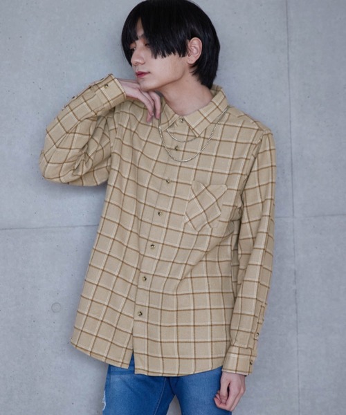 BASQUE magenta（バスクマゼンタ）の「オーバーサイズ フリースボンディング チェック柄 L/S ヘビーネルシャツ（シャツ/ブラウス・メンズ・ブラック/ベージュ/ネイビー/ブラウン/グレー・M/L）」の15枚目の写真