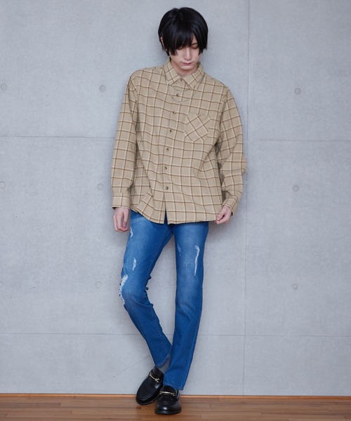 BASQUE magenta（バスクマゼンタ）の「オーバーサイズ フリースボンディング チェック柄 L/S ヘビーネルシャツ（シャツ/ブラウス・メンズ・ブラック/ベージュ/ネイビー/ブラウン/グレー・M/L）」の6枚目の写真