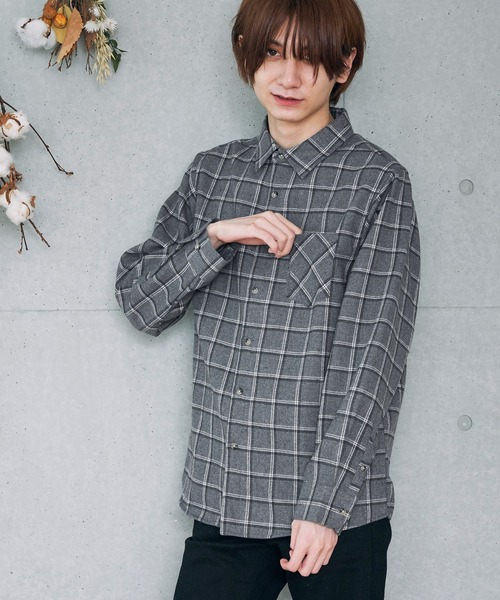 BASQUE magenta（バスクマゼンタ）の「オーバーサイズ フリースボンディング チェック柄 L/S ヘビーネルシャツ（シャツ/ブラウス・メンズ・ブラック/ベージュ/ネイビー/ブラウン/グレー・M/L）」の8枚目の写真