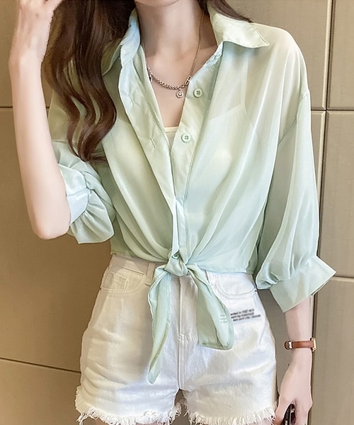 裾結び シアー ブラウス