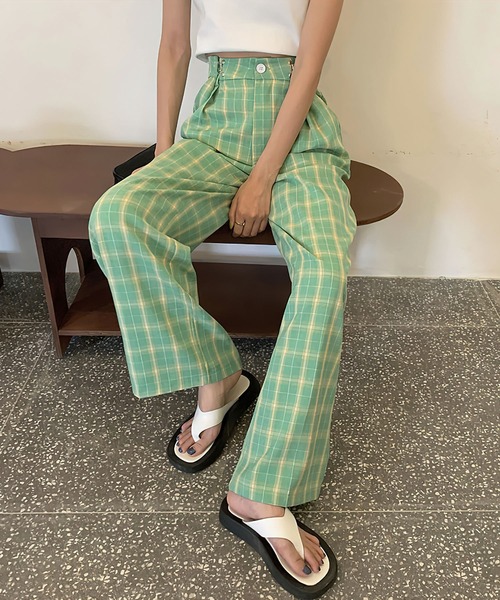 19SS MILOK チェック タックパンツ スラックス ミロック セール】ホックタックセミワイドチェックパンツ【数量限定販売