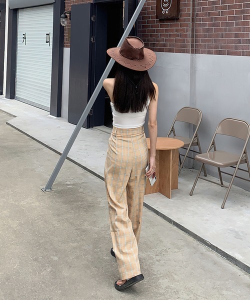 me+em select(ミームセレクト)の「ホックタックセミワイドチェックパンツ【数量限定販売】(スラックス・レディース・グレー/オレンジ/グリーン/パープル/キャメル・MEDIUM/LARGE)」の9枚目の写真