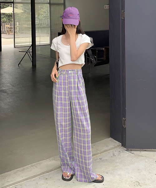 me+em select(ミームセレクト)の「ホックタックセミワイドチェックパンツ【数量限定販売】(スラックス・レディース・グレー/オレンジ/グリーン/パープル/キャメル・MEDIUM/LARGE)」の12枚目の写真