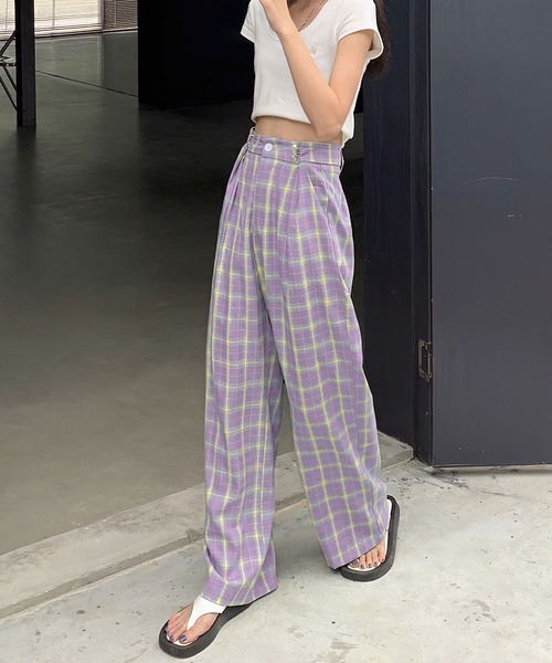 me+em select(ミームセレクト)の「ホックタックセミワイドチェックパンツ【数量限定販売】(スラックス・レディース・グレー/オレンジ/グリーン/パープル/キャメル・MEDIUM/LARGE)」の13枚目の写真