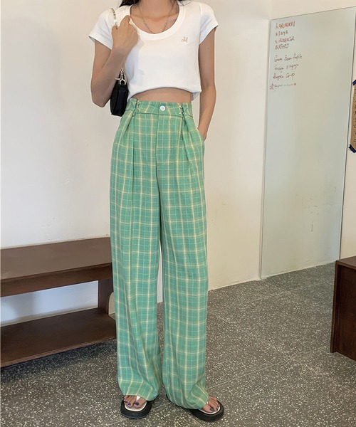 me+em select(ミームセレクト)の「ホックタックセミワイドチェックパンツ【数量限定販売】(スラックス・レディース・グレー/オレンジ/グリーン/パープル/キャメル・MEDIUM/LARGE)」の16枚目の写真