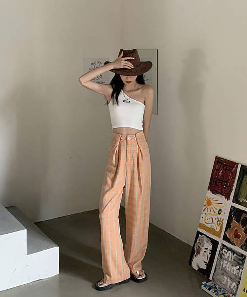 me+em select(ミームセレクト)の「ホックタックセミワイドチェックパンツ【数量限定販売】(スラックス・レディース・グレー/オレンジ/グリーン/パープル/キャメル・MEDIUM/LARGE)」の11枚目の写真