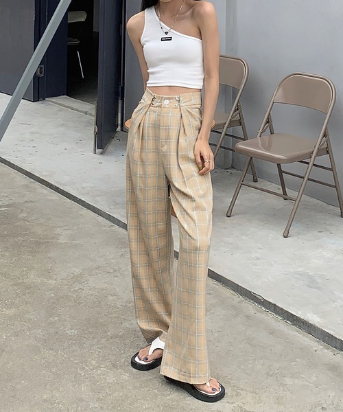 me+em select(ミームセレクト)の「ホックタックセミワイドチェックパンツ【数量限定販売】(スラックス・レディース・グレー/オレンジ/グリーン/パープル/キャメル・MEDIUM/LARGE)」の6枚目の写真