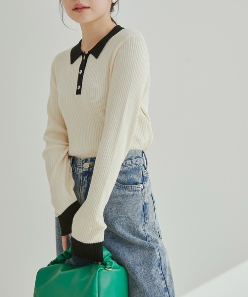 【WEB限定】無地/ボーダーポロ衿リブニットプルオーバ―