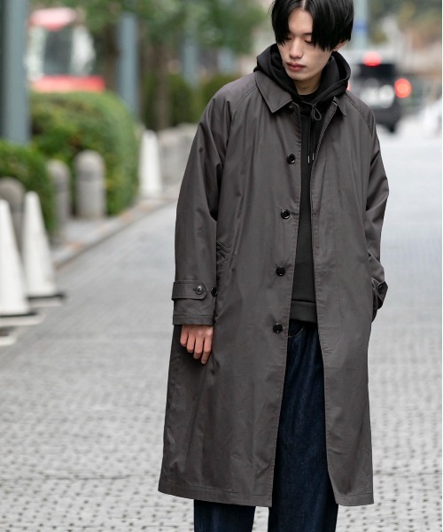 Beno（ビーノ）の「コットンツイル オーバーサイズ スプリング バルカラーコート（ステンカラーコート・メンズ・チャコールグレー/ライトグレー/ブラック/ベージュ/オフホワイト/オリーブ/ベージュ系その他/グレイッシュブルー・M/L）」の3枚目の写真