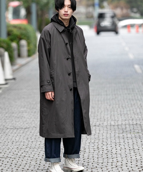 Beno（ビーノ）の「コットンツイル オーバーサイズ スプリング バルカラーコート（ステンカラーコート・メンズ・チャコールグレー/ライトグレー/ブラック/ベージュ/オフホワイト/オリーブ/ベージュ系その他/グレイッシュブルー・M/L）」の14枚目の写真