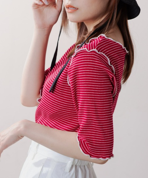 MERLOT（メルロー）の「2wayボーダーメロートップス（Tシャツ/カットソー・レディース・ホワイト/レッド/イエロー・FREE）」の18枚目の写真