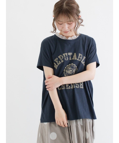 Samansa Mos2（サマンサ モスモス）の「スラブ天竺後ろリボンカレッジTシャツ（Tシャツ/カットソー・レディース・ネイビー/ピンク/イエロー/ブルー/グリーン/キナリ・ﾌﾘ-）」の4枚目の写真