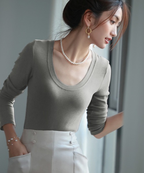 SAISON DE PAPILLON（セゾンドパピヨン）の「リブカットソーロングTシャツ（Tシャツ/カットソー・レディース・ブラック/グレー/ホワイト/ベージュ/ブラウン・フリー）」の7枚目の写真