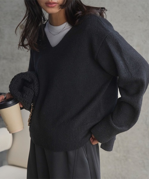 セール】ウォッシャブルモヘア風モックネックニットトップス（ニット