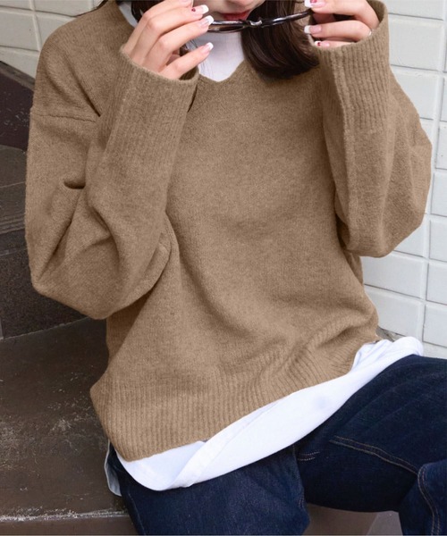 セール】ウォッシャブルモヘア風モックネックニットトップス（ニット