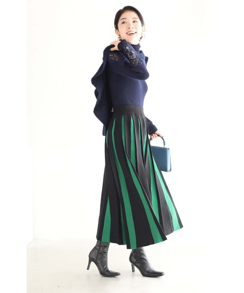 cawaii(カワイイ)の「幅広プリーツのバイカラーラインニットスカート(スカート・レディース・グリーン・FREE)」の22枚目の写真