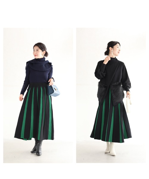 cawaii(カワイイ)の「幅広プリーツのバイカラーラインニットスカート(スカート・レディース・グリーン・FREE)」の5枚目の写真