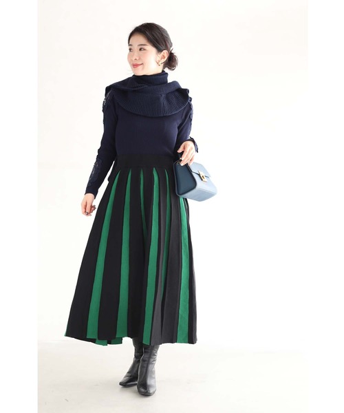cawaii(カワイイ)の「幅広プリーツのバイカラーラインニットスカート(スカート・レディース・グリーン・FREE)」の19枚目の写真