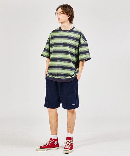 Revo.（レボ）の「マルチボーダースウェット半袖シャツ / 6分袖/ ユニセックス（Tシャツ/カットソー・メンズ・グリーン/ホワイト/ダークオレンジ・M/L）」の9枚目の写真