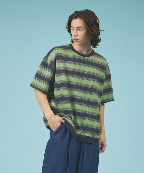 Revo.（レボ）の「マルチボーダースウェット半袖シャツ / 6分袖/ ユニセックス（Tシャツ/カットソー・メンズ・グリーン/ホワイト/ダークオレンジ・M/L）」の12枚目の写真