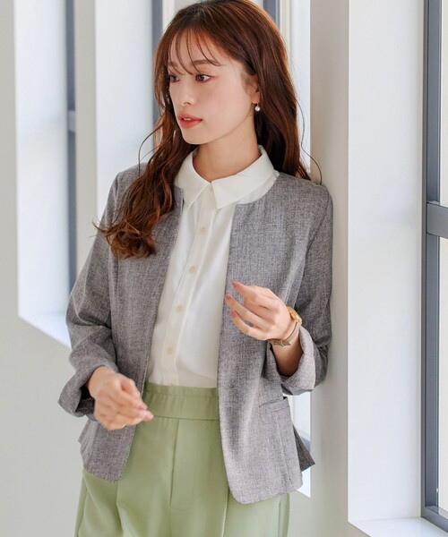 【新色追加・洗える】麻調薄地キーネックジャケット（ノーカラージャケット）｜Tiaclasse（ティアクラッセ）