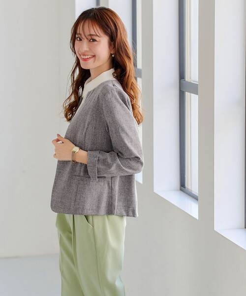 【新色追加・洗える】麻調薄地キーネックジャケット（ノーカラージャケット）｜Tiaclasse（ティアクラッセ）