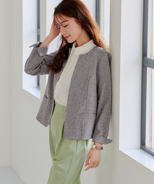 【新色追加・洗える】麻調薄地キーネックジャケット（ノーカラージャケット）｜Tiaclasse（ティアクラッセ）