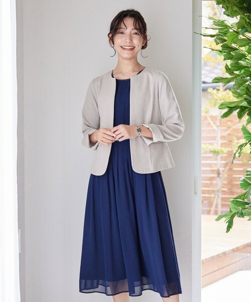 【新色追加・洗える】麻調薄地キーネックジャケット（ノーカラージャケット）｜Tiaclasse（ティアクラッセ）